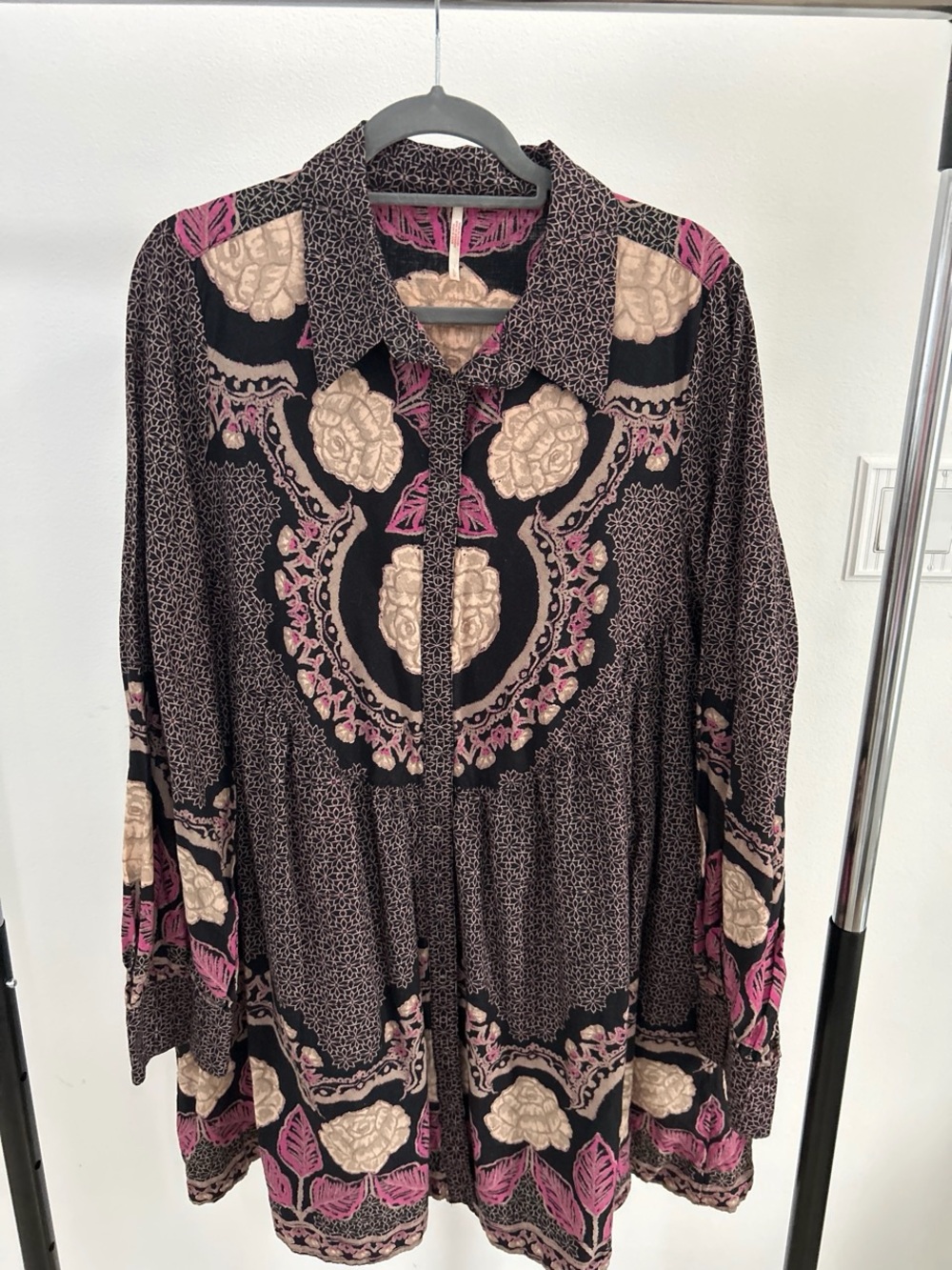 Free People Black Button-Down Floral Tunic with Pink and Cream Accents